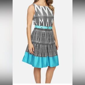 Tahari ASL Black and Blue Geometric Dress